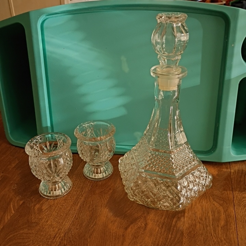 Crystal Decanter and Glass Set Anchor Hocking Wexford Diamond Cut